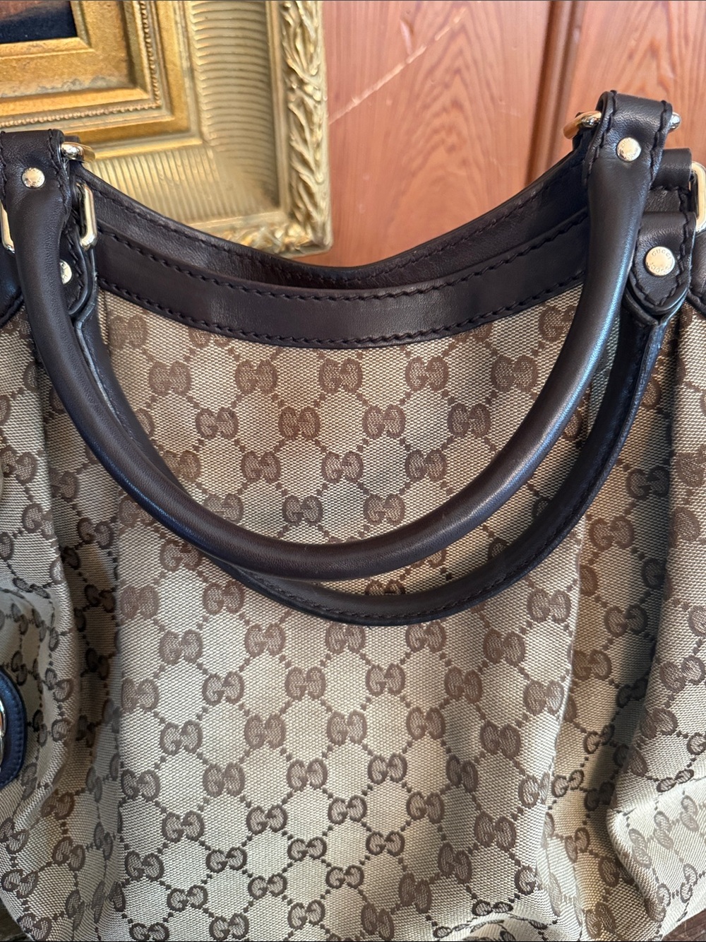 Gucci Beige & Brown GG Canvas Shoulder Bag with Leather Trim - Picture 3 of 7